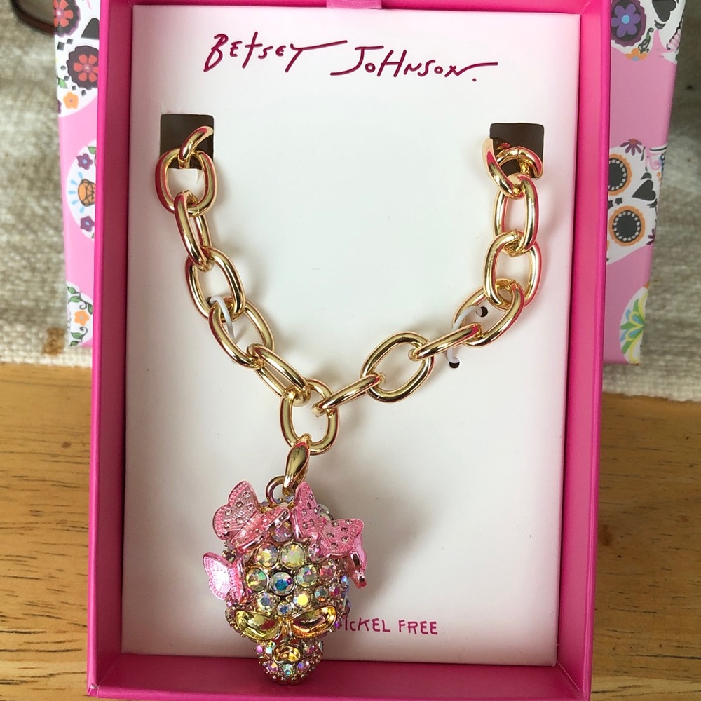 Betsey Johnson Chunky Gold Tone Necklace Sugar Skull Butterfly Pendant  NWT